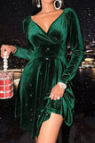 V-Neck Green Velvet Christmas Dress