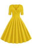 Green V-Neck Short Sleeves 1950s Swing Dress