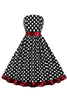 Load image into Gallery viewer, Black Strapless White Polka Dots Belted 1950s Dress With Ruffles