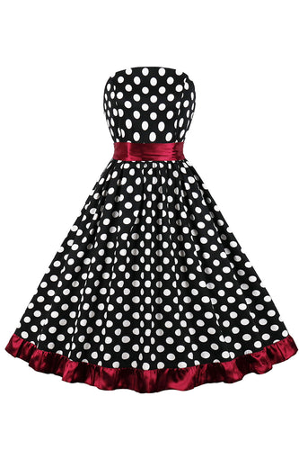 Black Strapless White Polka Dots Belted 1950s Dress With Ruffles
