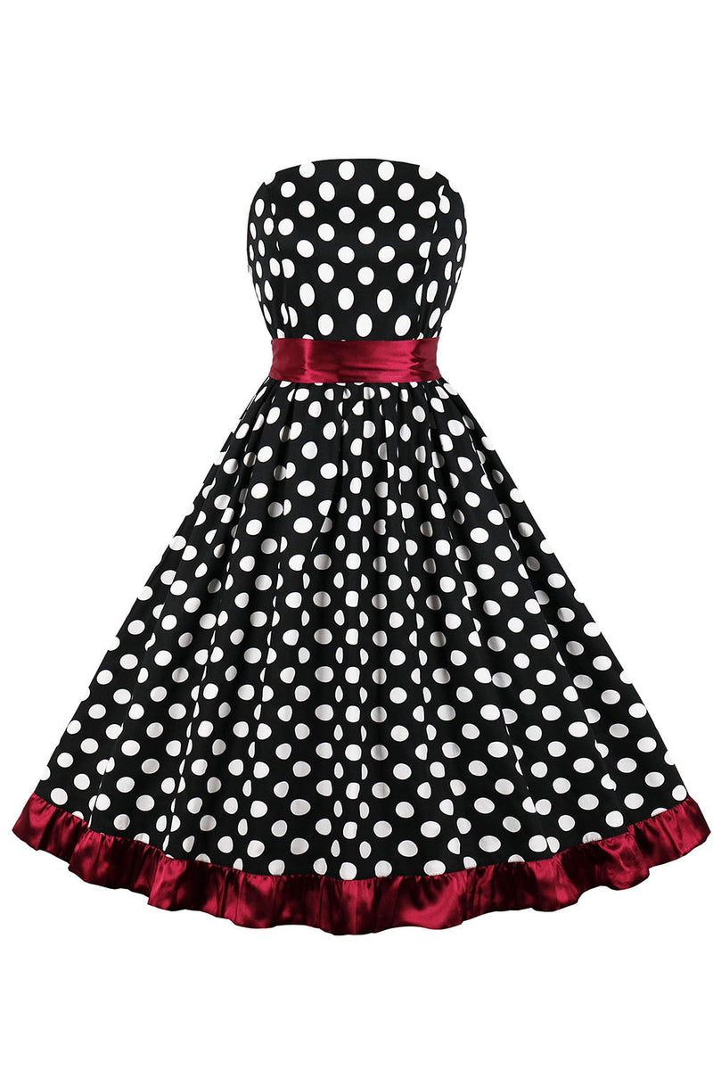 Load image into Gallery viewer, Black Strapless White Polka Dots Belted 1950s Dress With Ruffles
