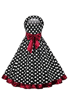 Black Strapless White Polka Dots Belted 1950s Dress With Ruffles