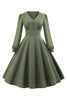 Load image into Gallery viewer, Green V-Neck Long Sleeves Vintage Swing Dress