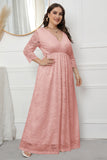 Plus Size V-Neck Lace Pink Mother Of The Bride Dress