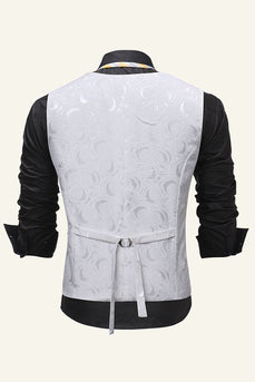 Single Breasted Lapel White Print Men's Vest