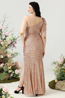 Mermaid One Shoulder Champagne Sequins Plus Size Prom Dress with Split Front