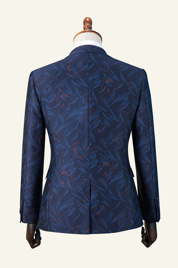 Dark Blue Peaked Lapel Printed 3-Piece Men's Suit Tuxedo