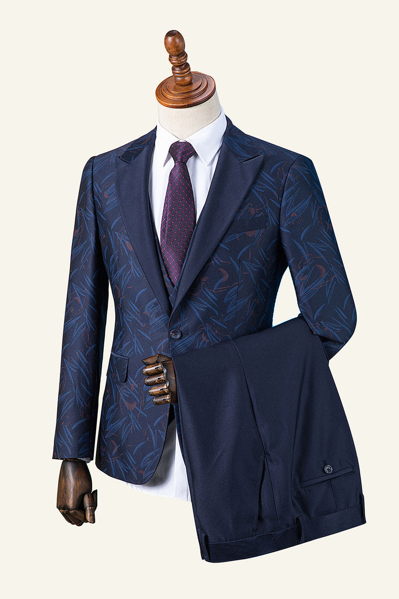 Load image into Gallery viewer, Dark Blue Peaked Lapel Printed 3-Piece Men&#39;s Suit Tuxedo