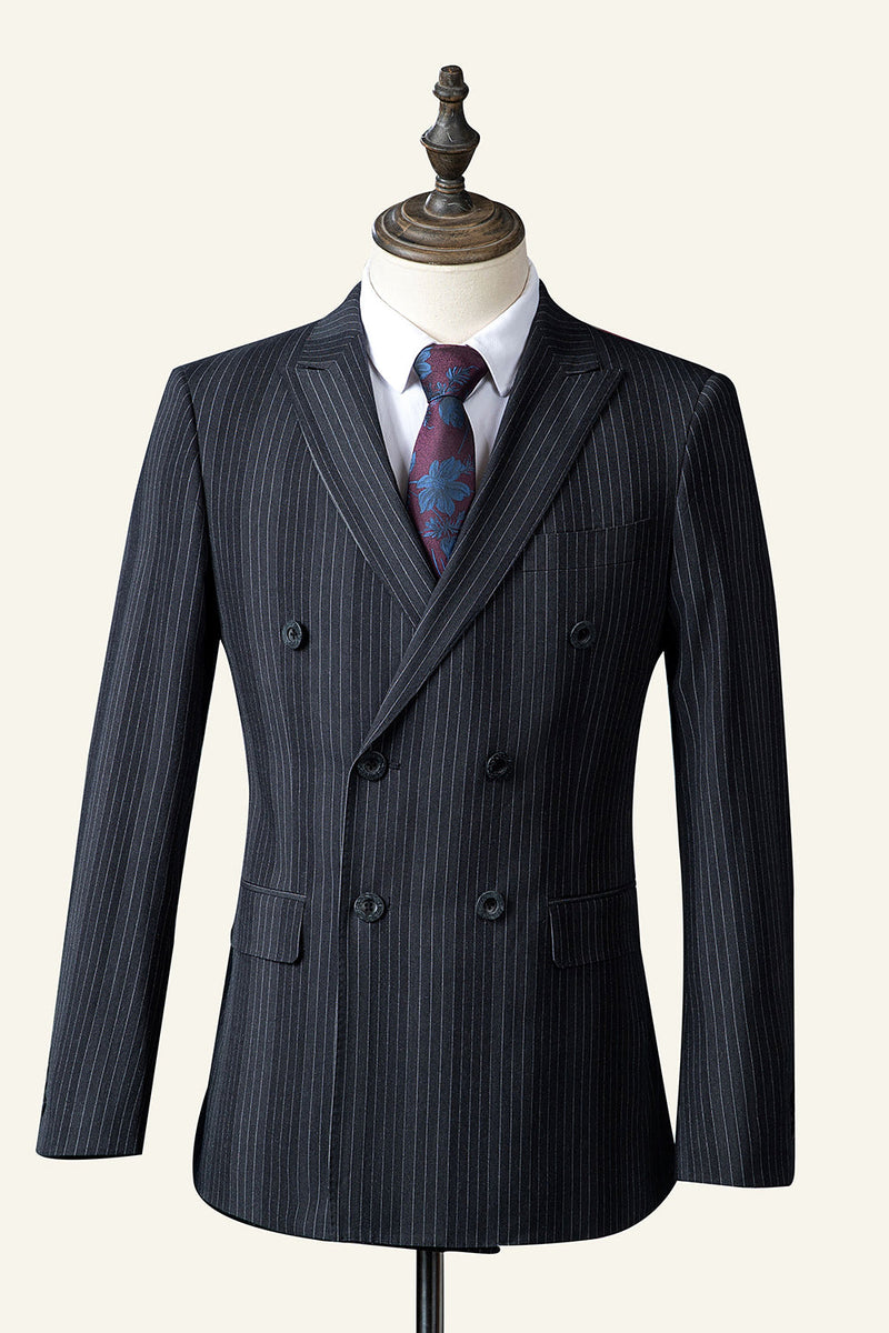Load image into Gallery viewer, Black Pinstriped Double-Breasted 3-Piece Men&#39;s Suit
