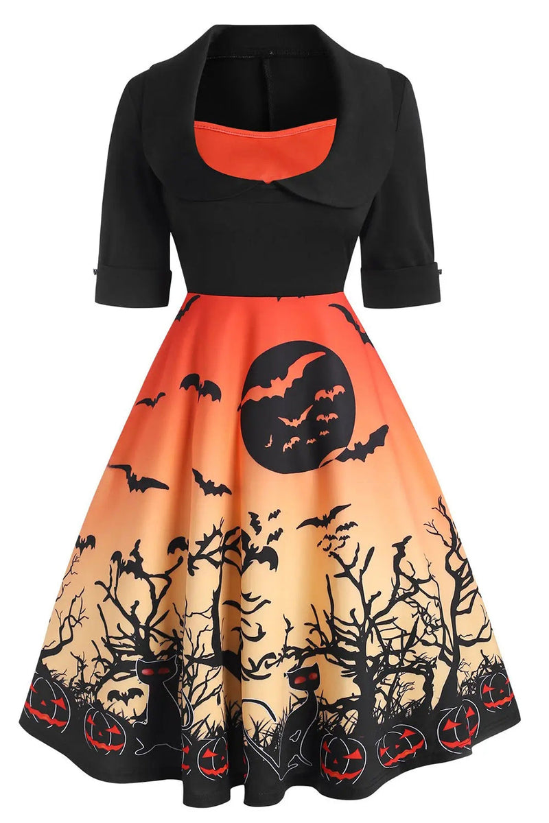 Load image into Gallery viewer, Orange Short Sleeves Vintage Halloween Dress