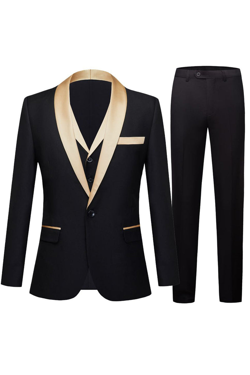 Load image into Gallery viewer, Black and Champagne 3 Piece Shawl Lapel Men&#39;s Prom Suits