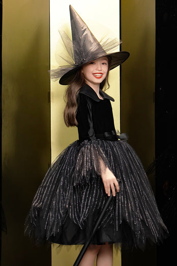 Sparkly Black Velvet Long Sleeves Halloween Girl Dress