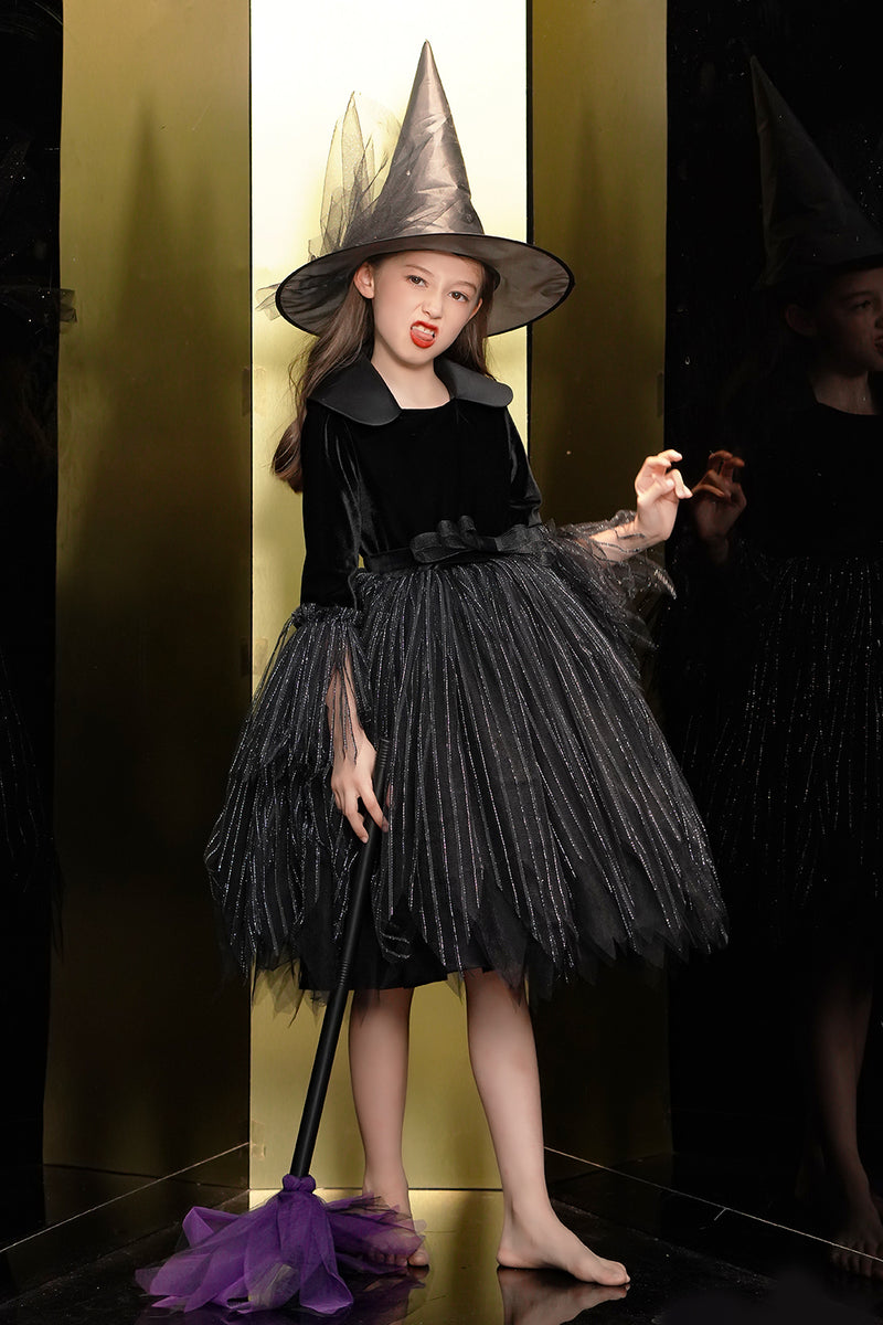 Load image into Gallery viewer, Sparkly Black Velvet Long Sleeves Halloween Girl Dress