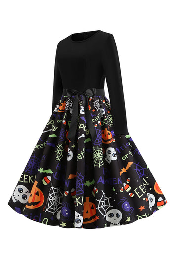 Halloween Print Long Sleeve Vintage Dress