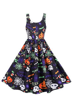 Sleeveless Printed Waisted Halloween Retro Dress