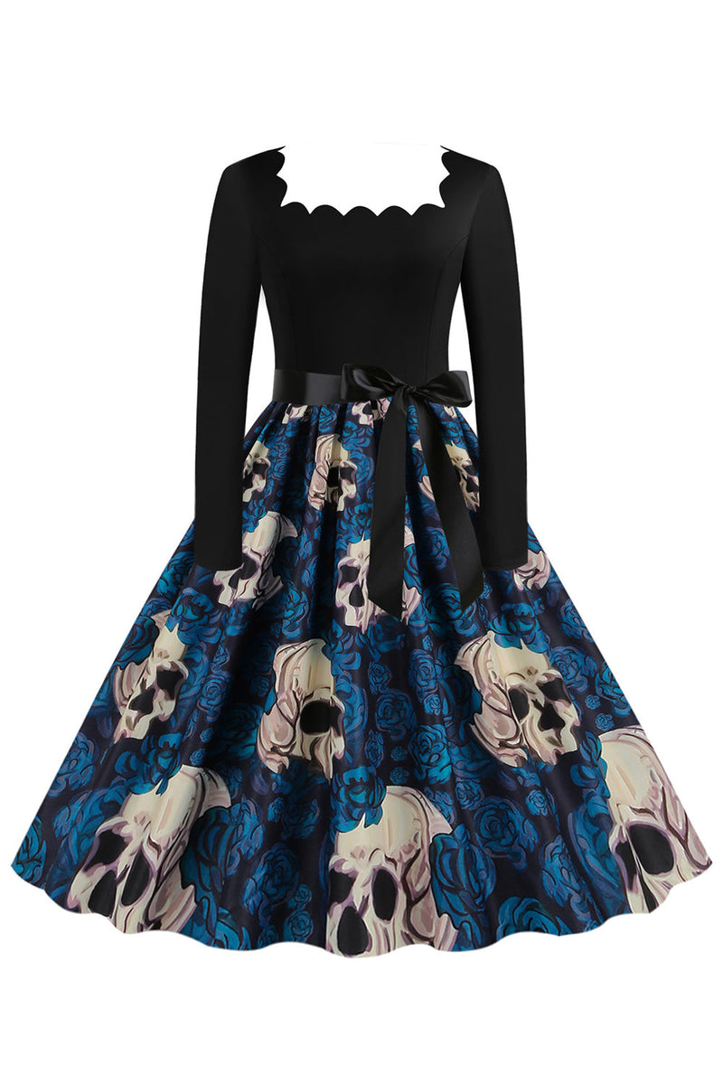 Load image into Gallery viewer, Halloween Blue Print Long Sleeve Vintage Dress