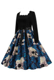 Halloween Blue Print Long Sleeve Vintage Dress