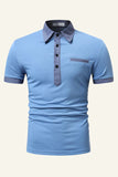 Blue Patchwork Cotton Short-sleeve Casual Polo Shirt