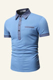 Blue Patchwork Cotton Short-sleeve Casual Polo Shirt