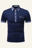 Blue Patchwork Cotton Short-sleeve Casual Polo Shirt