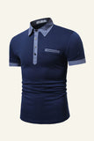 Blue Patchwork Cotton Short-sleeve Casual Polo Shirt