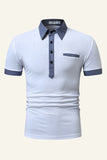 Blue Patchwork Cotton Short-sleeve Casual Polo Shirt