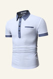 Blue Patchwork Cotton Short-sleeve Casual Polo Shirt