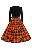 Orange Print Halloween Retro Dress with Long Sleeves