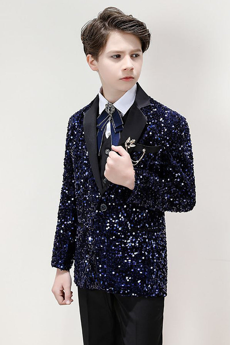 Load image into Gallery viewer, Sparkly Dark Navy Boys&#39; 3-Piece Formal Suit Set