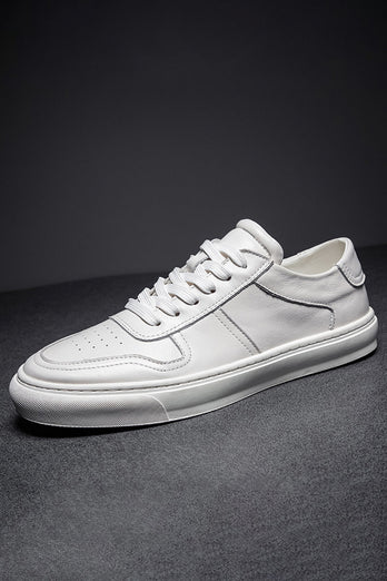 White Leather Lace-Up Casual Men's Shoes