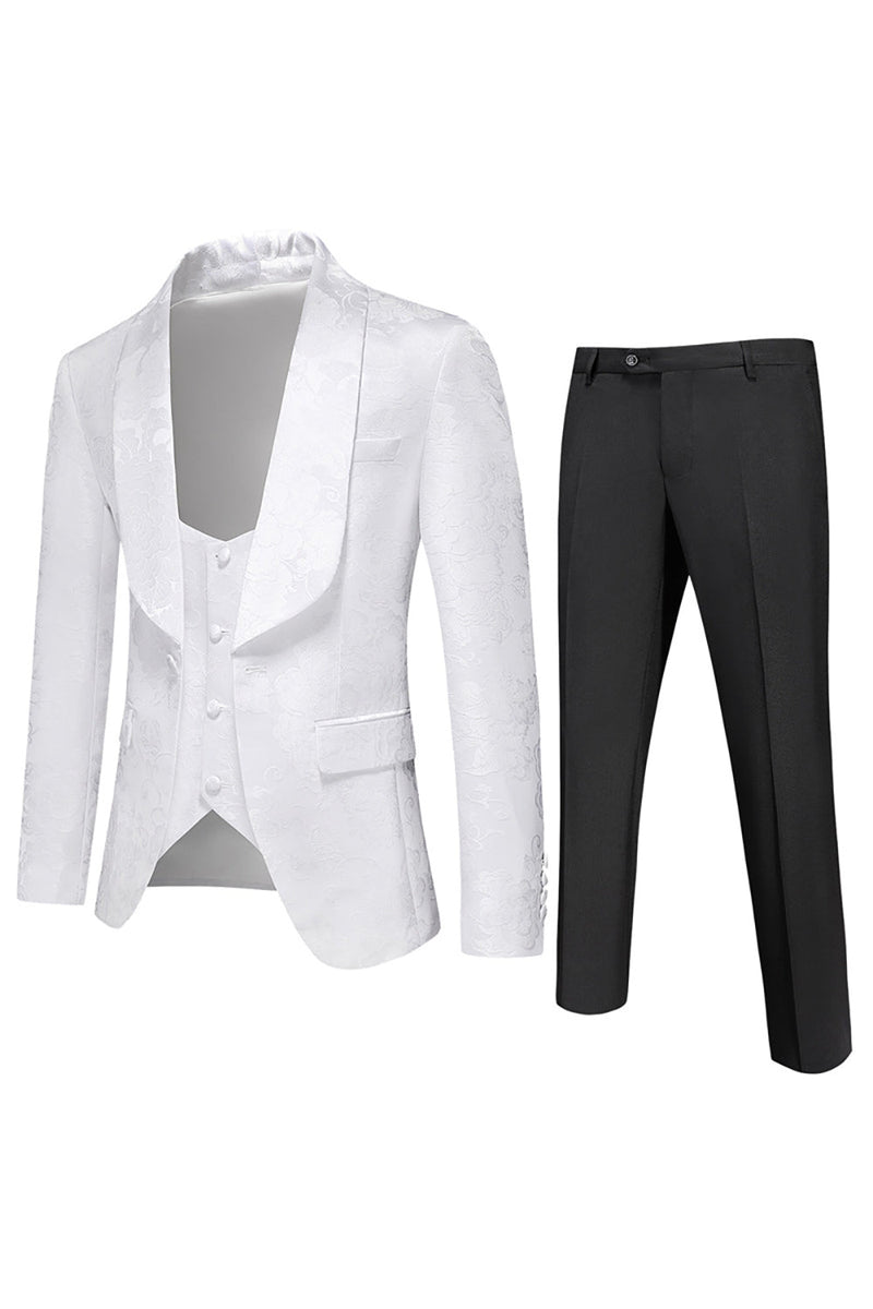 Load image into Gallery viewer, Men&#39;s White Jacquard 3-Piece Shawl Lapel Prom Suits