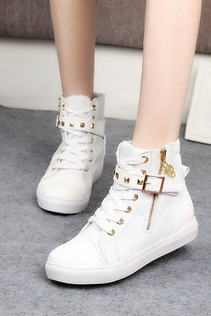 Load image into Gallery viewer, White Rivet Buckle Lace Up Canvas Sneakers