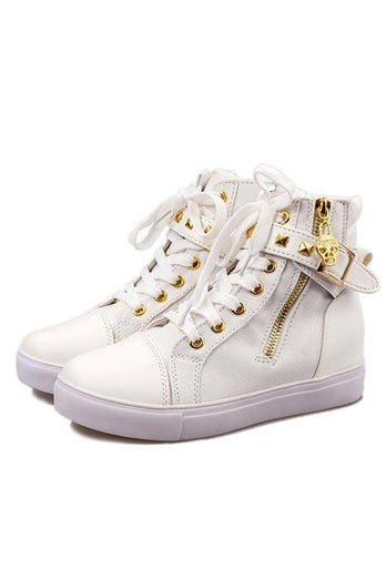 White Rivet Buckle Lace Up Canvas Sneakers
