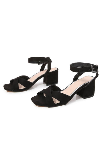 Black Cross Ankle Strap Chunky Heeled Sandals