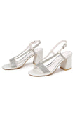 White Rhineshones Open Toe Block Heel Sandal