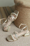 Golden Ankle Strappy Pearls Low Heel Sandal