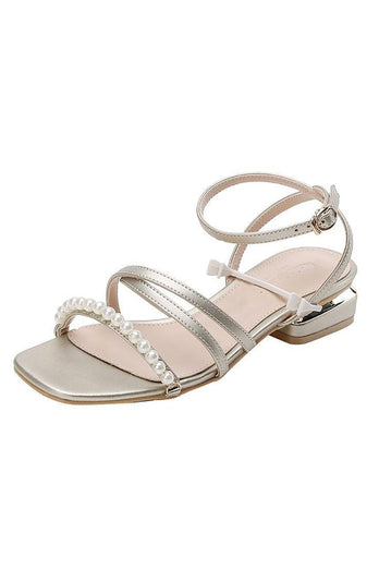 Golden Ankle Strappy Pearls Low Heel Sandal