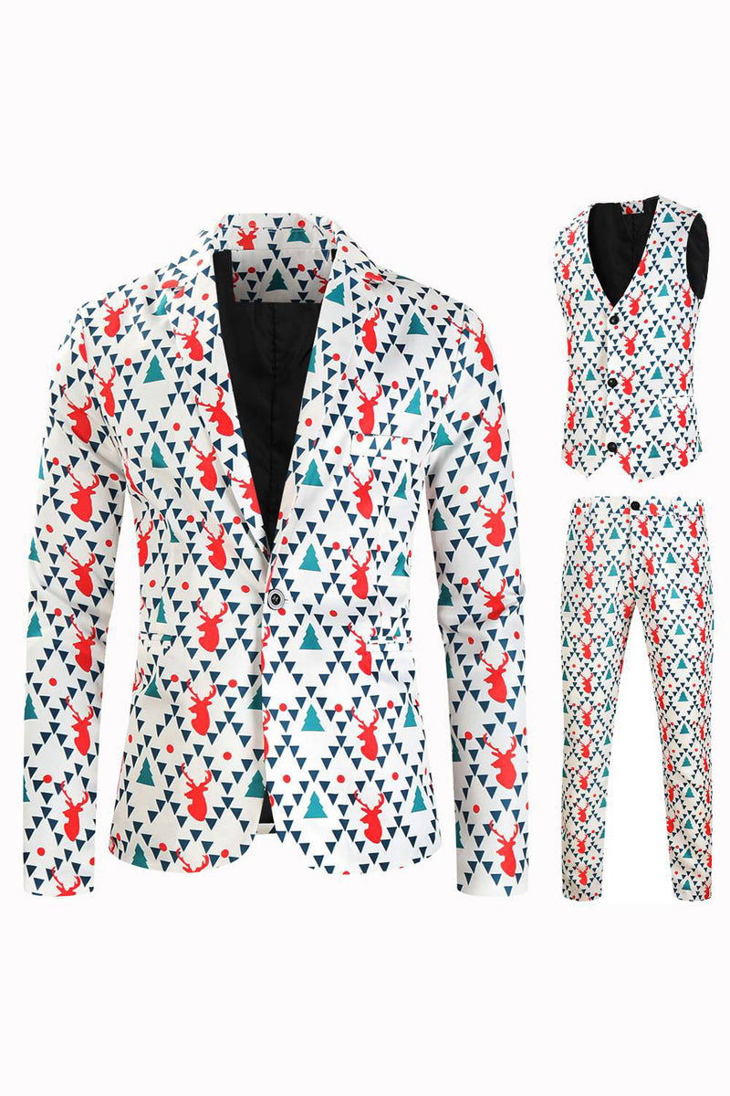 Load image into Gallery viewer, White Reindeer Printed 3 Piece Christmas Men&#39;s Suits