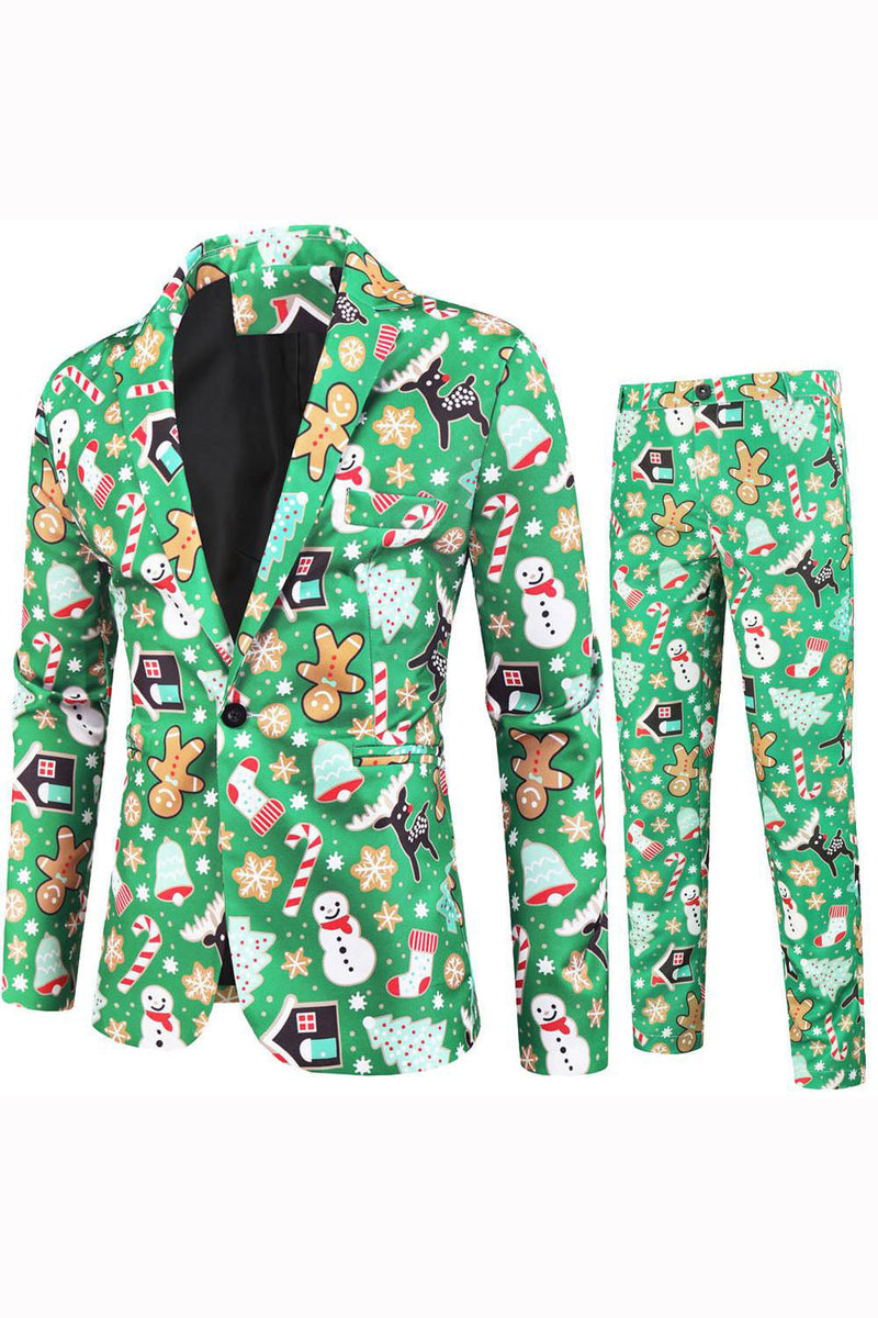 Load image into Gallery viewer, Green Notched Lapel Printed 3 Piece Christmas Men&#39;s Suits