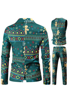 Dark Green Printed Notched Lapel 3 Piece Christmas Men's Suits