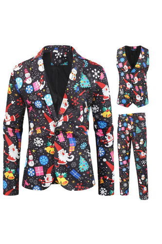 Colorful Black Printed 3 Piece Christmas Men's Suits