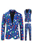 Men's Blue Christmas Printed 3-Piece One Button Party Suits