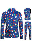 Men's Blue Christmas Printed 3-Piece One Button Party Suits