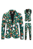 Men's Green Christmas Printed 3-Piece One Button Party Suits