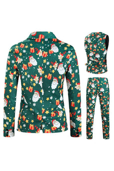 Men's Green Christmas Printed 3-Piece One Button Party Suits