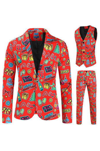 Men's Green Christmas Printed 3-Piece One Button Party Suits