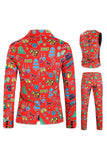 Men's Green Christmas Printed 3-Piece One Button Party Suits