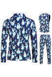 Notched Lapel One Button Blue Snowman Printed Men's Suits