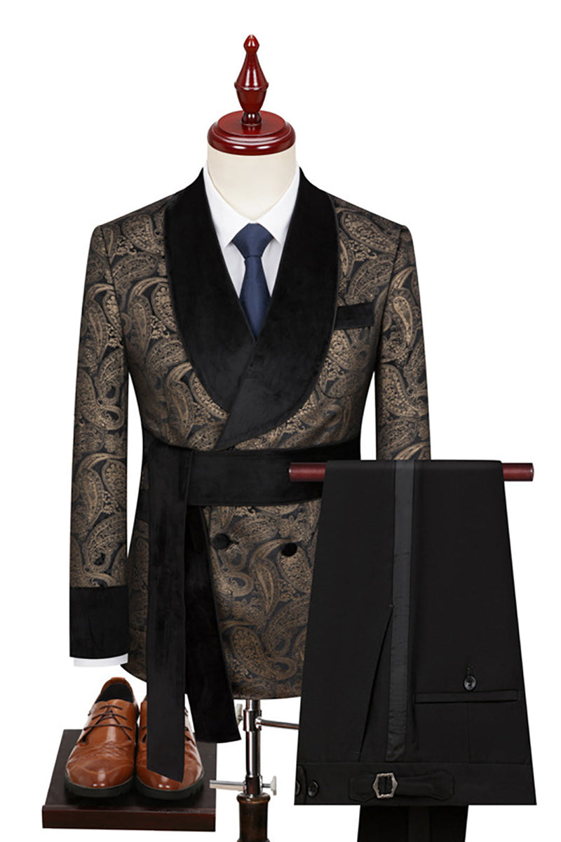 Load image into Gallery viewer, Black Golden 2 Piece Jacquard Men Suits with Sash