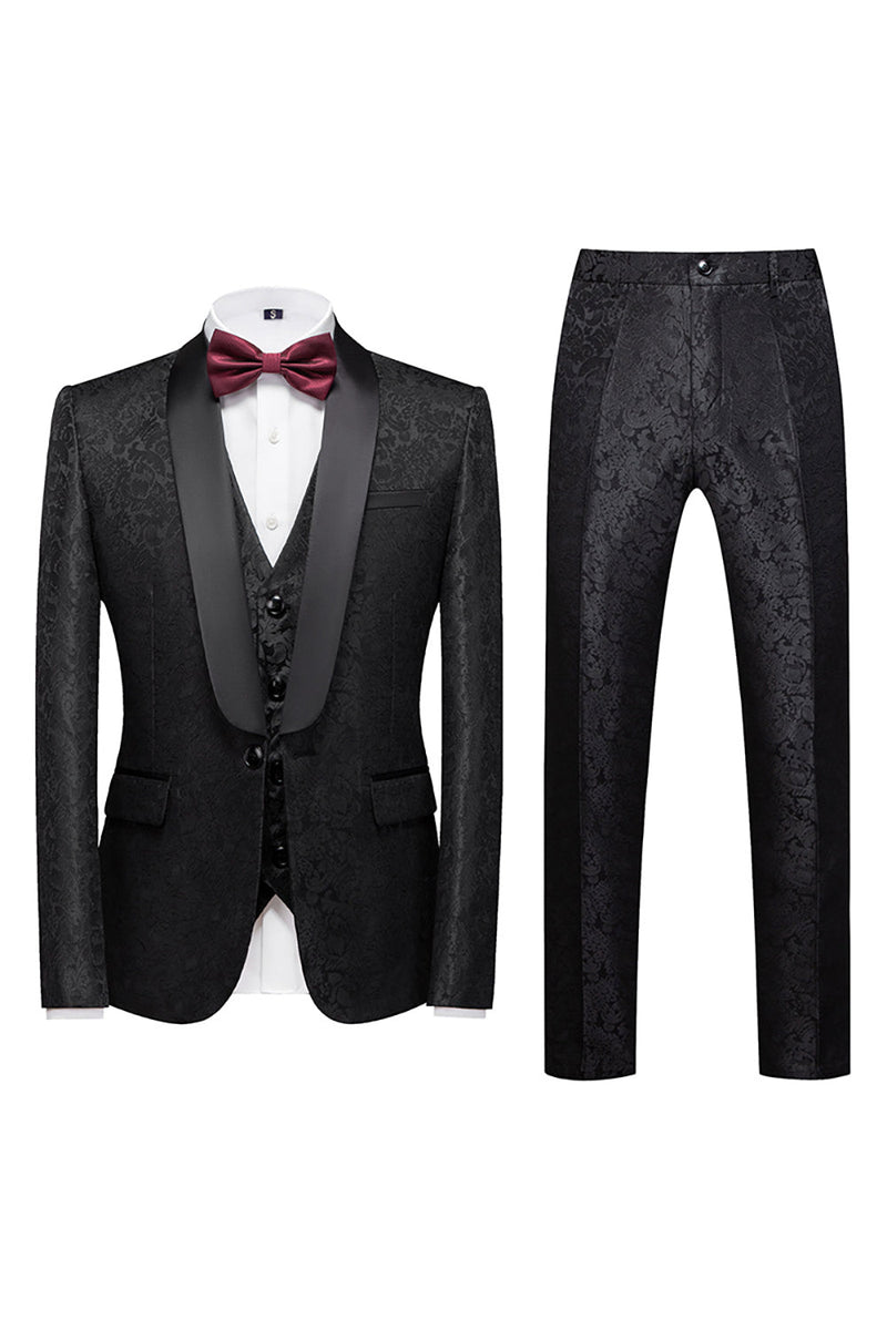 Load image into Gallery viewer, Black 3 Piece Jacquard Shawl Lapel Men&#39;s Prom Suits